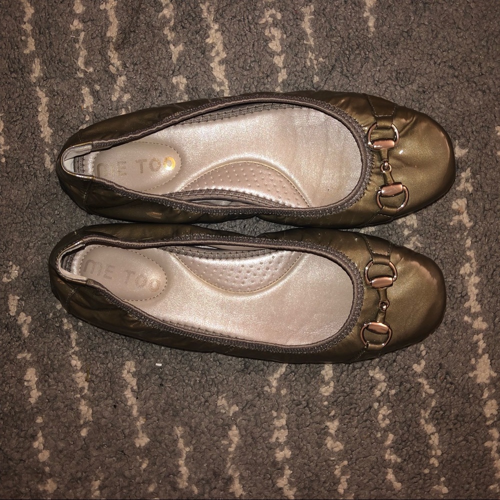 Metallic grey flats.